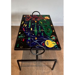 Black Iron Coffee Table with Ceramic Marine Scene Top, in the Style of Jacques Adnet, c.1950