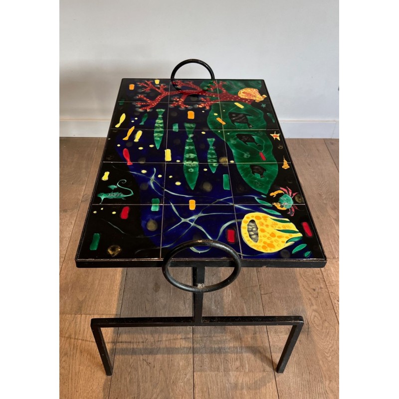 Black Iron Coffee Table with Ceramic Marine Scene Top, in the Style of Jacques Adnet, c.1950