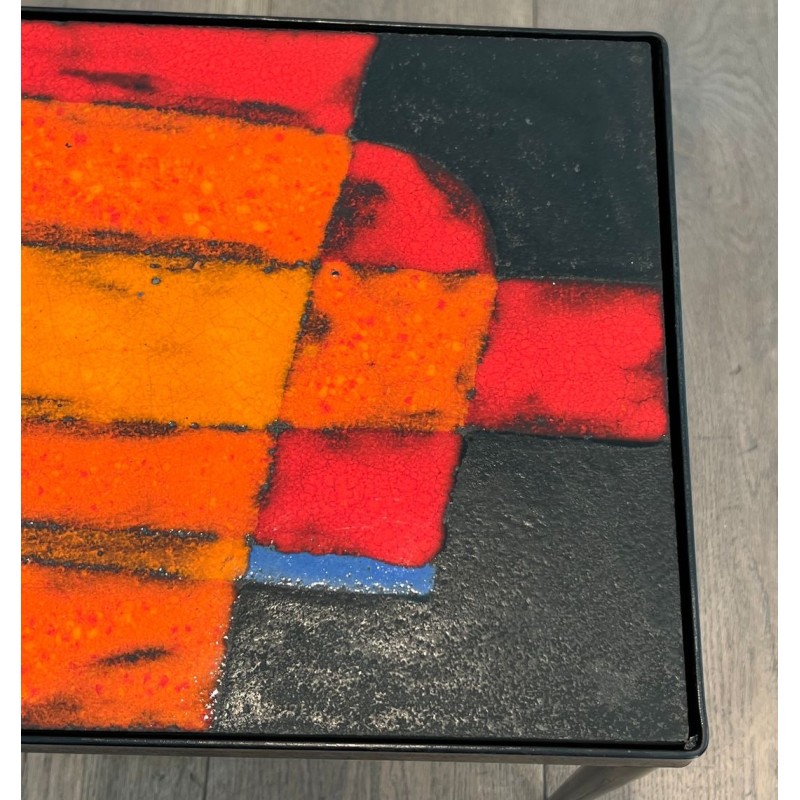 Small Black Iron Side Table with Abstract Ceramic Tile Top, France circa 1950