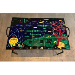 Black Iron Coffee Table with Ceramic Marine Scene Top, in the Style of Jacques Adnet, c.1950
