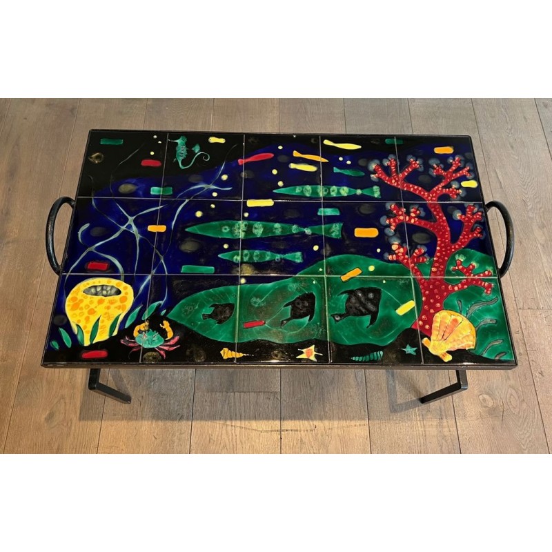 Black Iron Coffee Table with Ceramic Marine Scene Top, in the Style of Jacques Adnet, c.1950