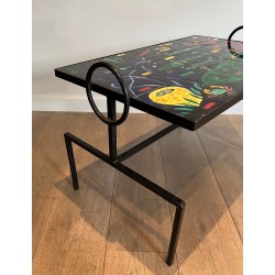 Black Iron Coffee Table with Ceramic Marine Scene Top, in the Style of Jacques Adnet, c.1950