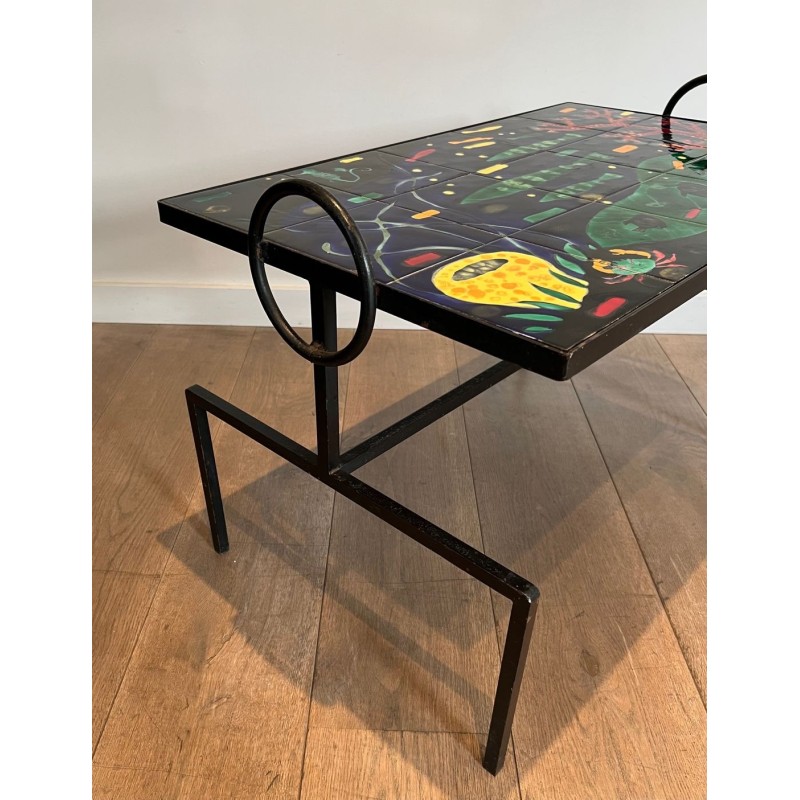 Black Iron Coffee Table with Ceramic Marine Scene Top, in the Style of Jacques Adnet, c.1950