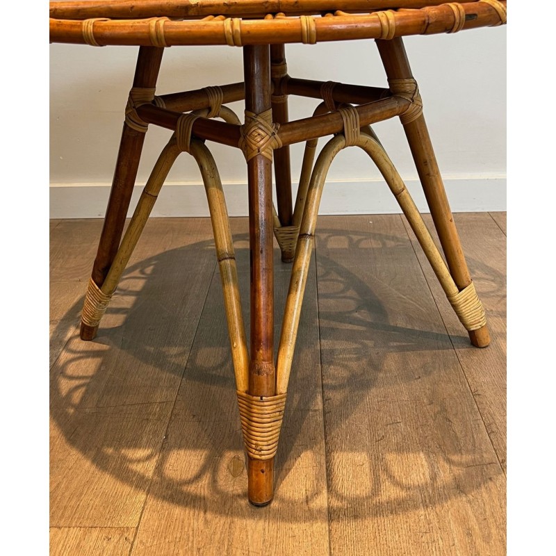 Round Trampoline Rattan Coffee Table with Square-Set Wooden Top, France circa 1950