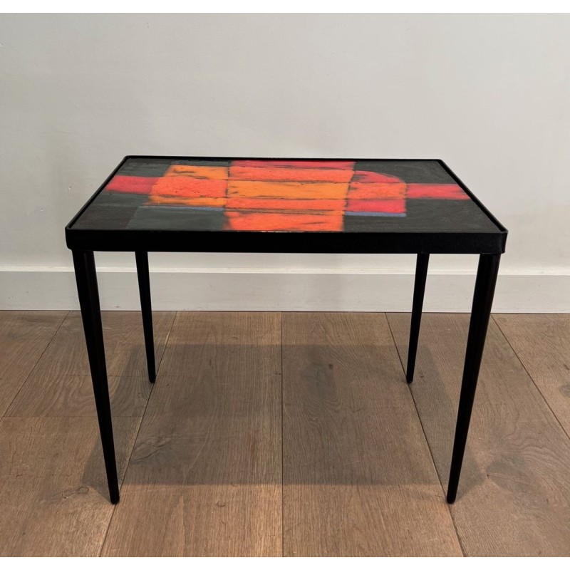 Small Black Iron Side Table with Abstract Ceramic Tile Top, France circa 1950