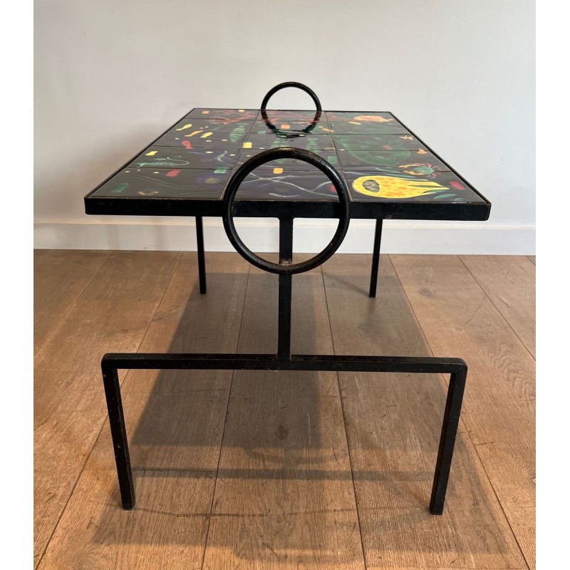Black Iron Coffee Table with Ceramic Marine Scene Top, in the Style of Jacques Adnet, c.1950