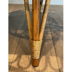Round Trampoline Rattan Coffee Table with Square-Set Wooden Top, France circa 1950