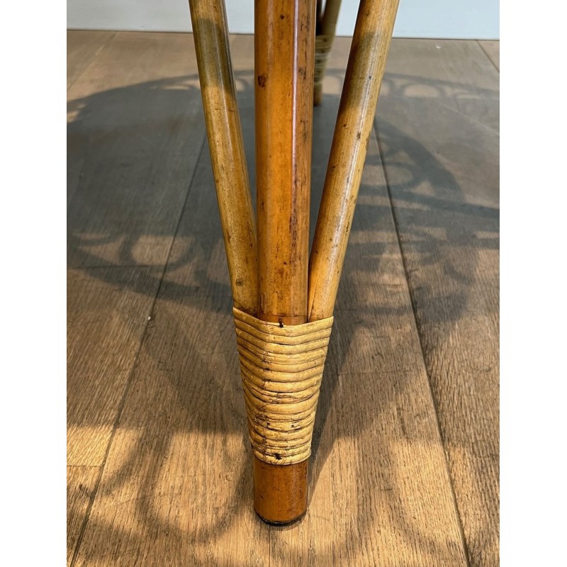 Round Trampoline Rattan Coffee Table with Square-Set Wooden Top, France circa 1950