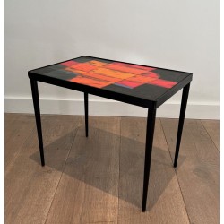 Small Black Iron Side Table with Abstract Ceramic Tile Top, France circa 1950