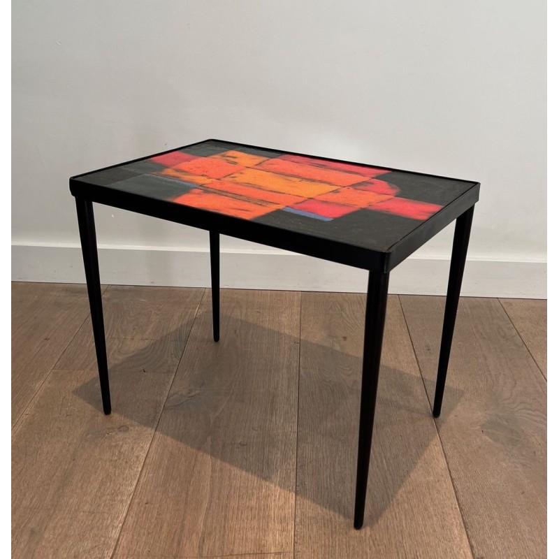 Small Black Iron Side Table with Abstract Ceramic Tile Top, France circa 1950