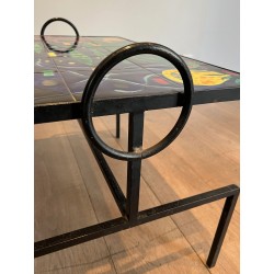 Black Iron Coffee Table with Ceramic Marine Scene Top, in the Style of Jacques Adnet, c.1950