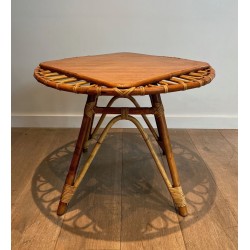 Round Trampoline Rattan Coffee Table with Square-Set Wooden Top, France circa 1950