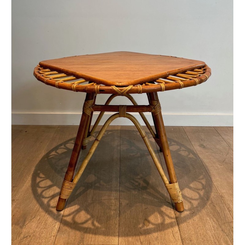 Round Trampoline Rattan Coffee Table with Square-Set Wooden Top, France circa 1950