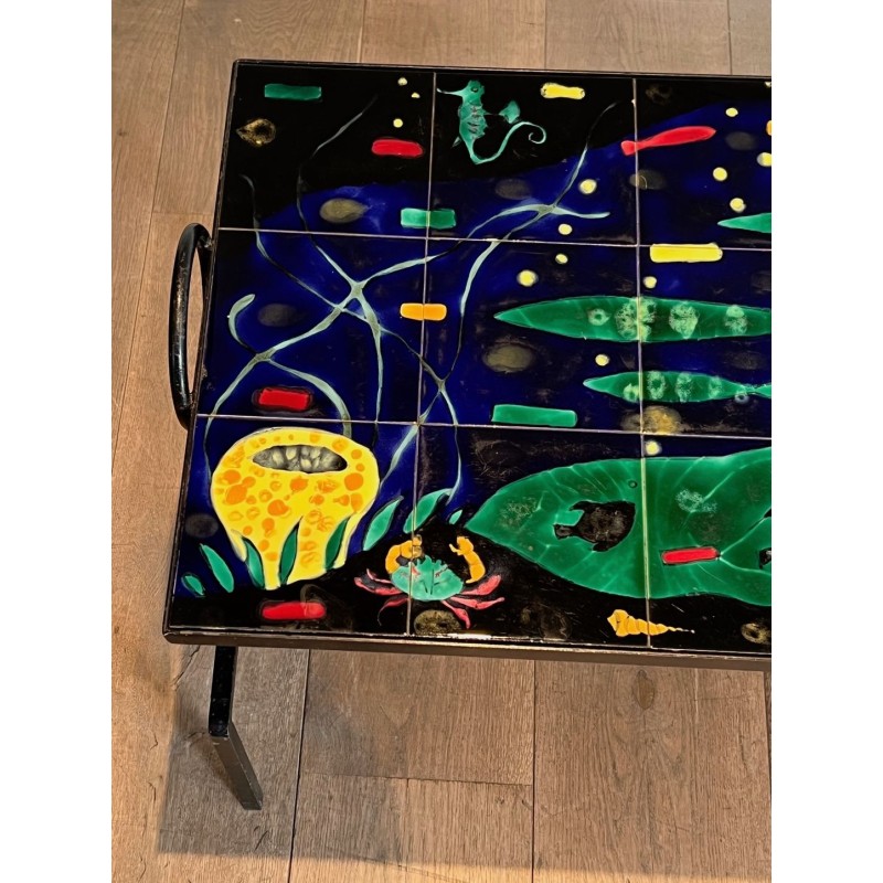 Black Iron Coffee Table with Ceramic Marine Scene Top, in the Style of Jacques Adnet, c.1950