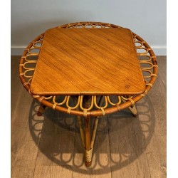 Round Trampoline Rattan Coffee Table with Square-Set Wooden Top, France circa 1950