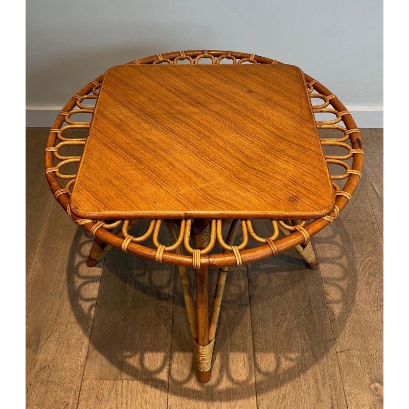 Round Trampoline Rattan Coffee Table with Square-Set Wooden Top, France circa 1950