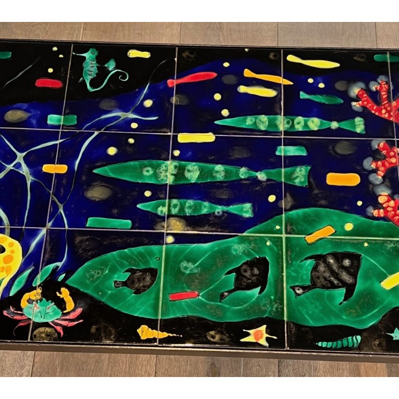 Black Iron Coffee Table with Ceramic Marine Scene Top, in the Style of Jacques Adnet, c.1950