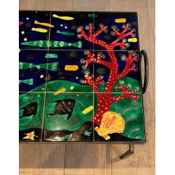 Black Iron Coffee Table with Ceramic Marine Scene Top, in the Style of Jacques Adnet, c.1950