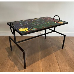 Black Iron Coffee Table with Ceramic Marine Scene Top, in the Style of Jacques Adnet, c.1950