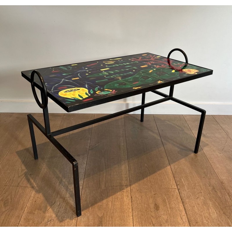 Black Iron Coffee Table with Ceramic Marine Scene Top, in the Style of Jacques Adnet, c.1950