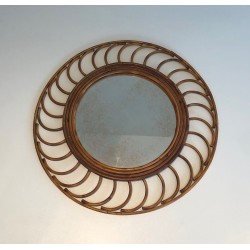 Round Rattan Mirror with Arched Loop Frame, France circa 1970