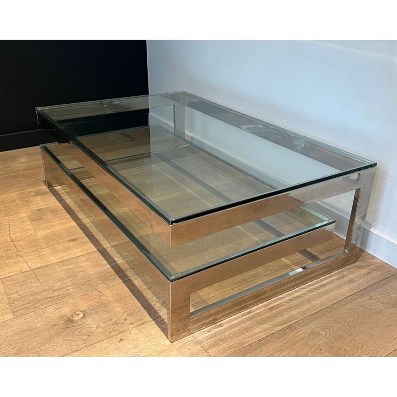 Modernist Chrome & Double Thick-Glass Coffee Table, France circa 1970