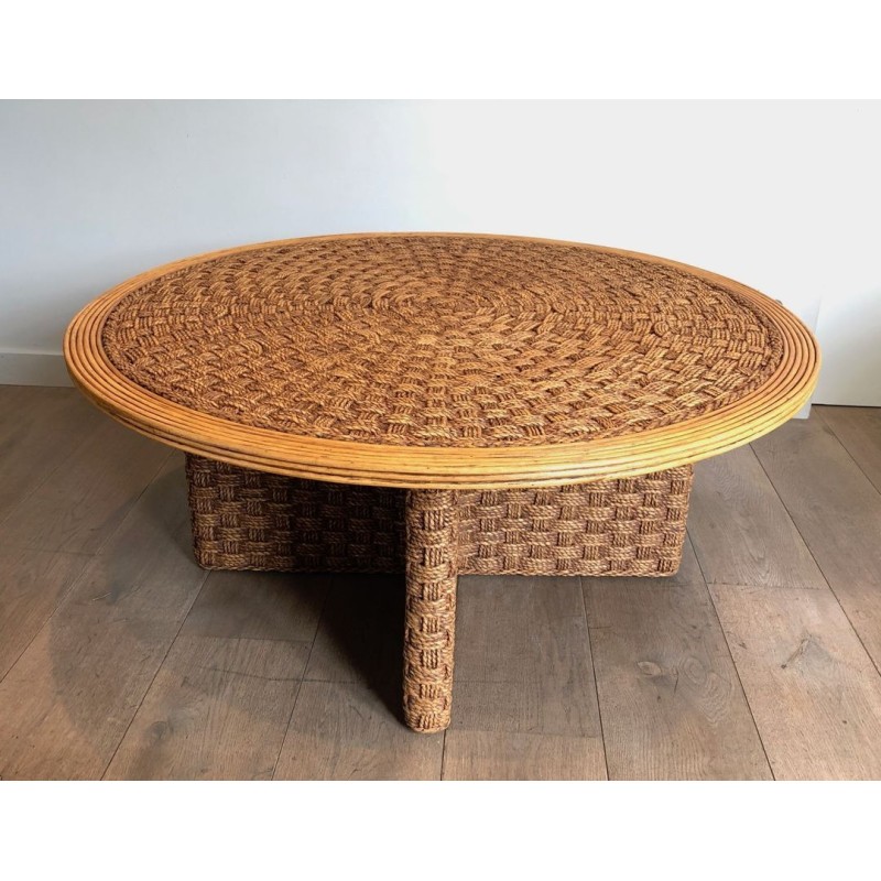 Large Round Rope & Wood Coffee Table, in the Style of Audoux-Minet, France c.1970