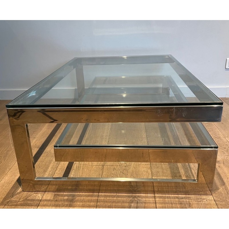 Modernist Chrome & Double Thick-Glass Coffee Table, France circa 1970