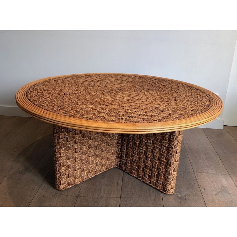 Large Round Rope & Wood Coffee Table, in the Style of Audoux-Minet, France c.1970