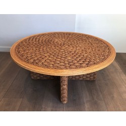 Large Round Rope & Wood Coffee Table, in the Style of Audoux-Minet, France c.1970