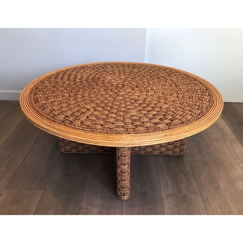Large Round Rope & Wood Coffee Table, in the Style of Audoux-Minet, France c.1970