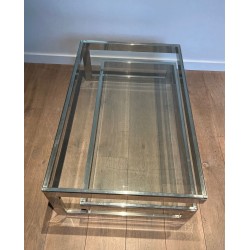 Modernist Chrome & Double Thick-Glass Coffee Table, France circa 1970