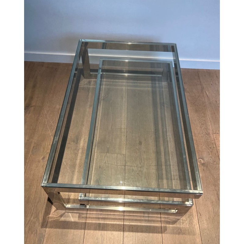 Modernist Chrome & Double Thick-Glass Coffee Table, France circa 1970