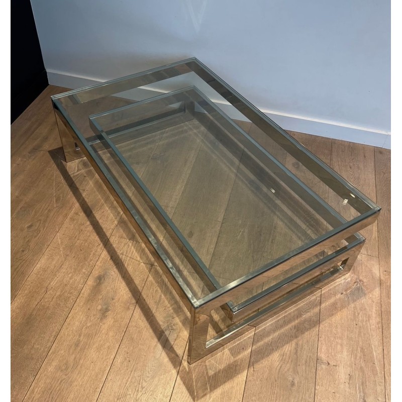 Modernist Chrome & Double Thick-Glass Coffee Table, France circa 1970