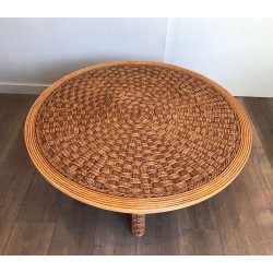 Large Round Rope & Wood Coffee Table, in the Style of Audoux-Minet, France c.1970