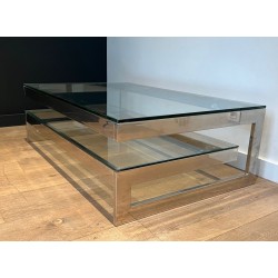 Modernist Chrome & Double Thick-Glass Coffee Table, France circa 1970