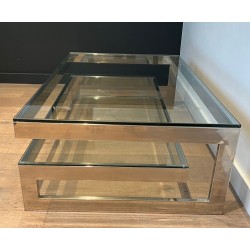 Modernist Chrome & Double Thick-Glass Coffee Table, France circa 1970