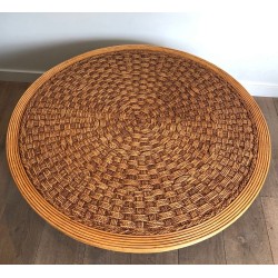 Large Round Rope & Wood Coffee Table, in the Style of Audoux-Minet, France c.1970