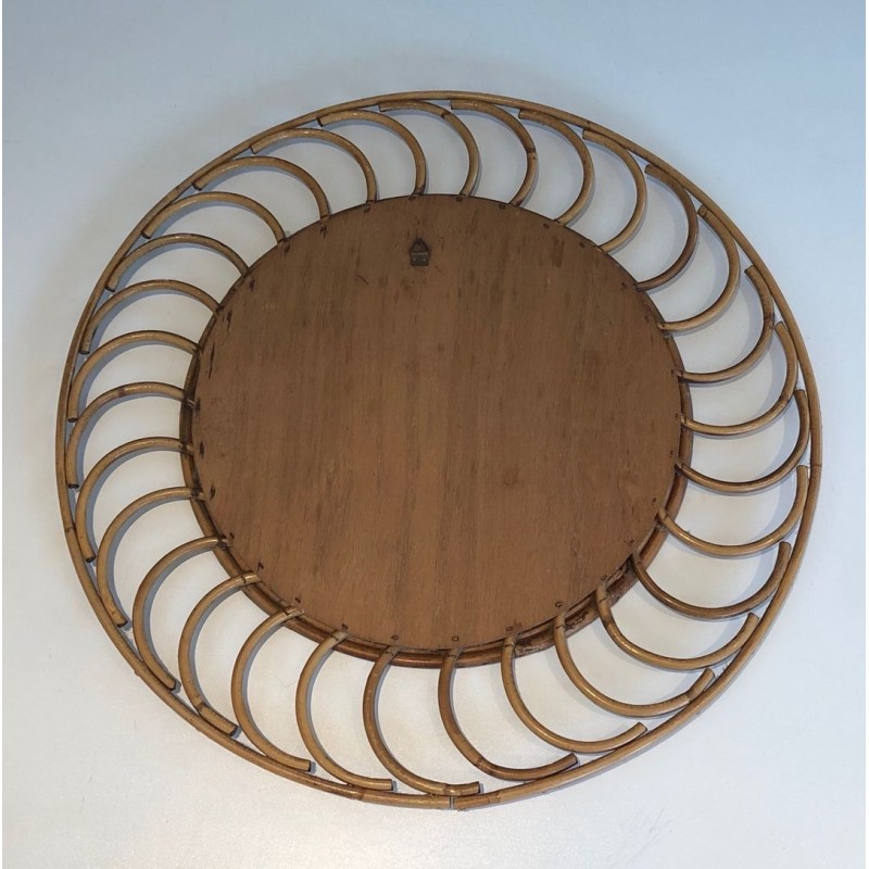 Round Rattan Mirror with Arched Loop Frame, France circa 1970