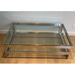 Modernist Chrome & Double Thick-Glass Coffee Table, France circa 1970