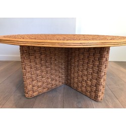 Large Round Rope & Wood Coffee Table, in the Style of Audoux-Minet, France c.1970