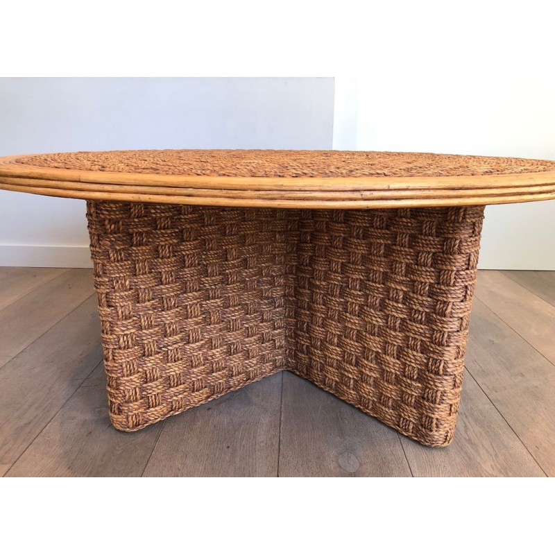 Large Round Rope & Wood Coffee Table, in the Style of Audoux-Minet, France c.1970