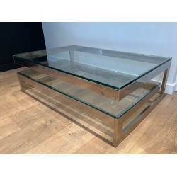 Modernist Chrome & Double Thick-Glass Coffee Table, France circa 1970