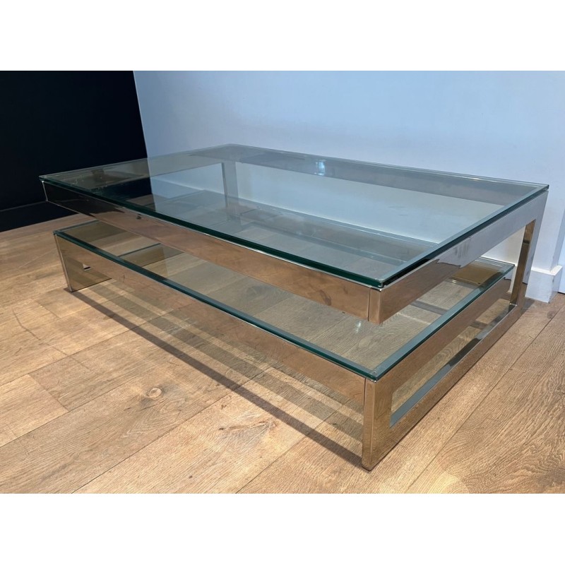 Modernist Chrome & Double Thick-Glass Coffee Table, France circa 1970
