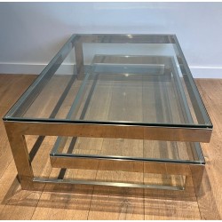 Modernist Chrome & Double Thick-Glass Coffee Table, France circa 1970