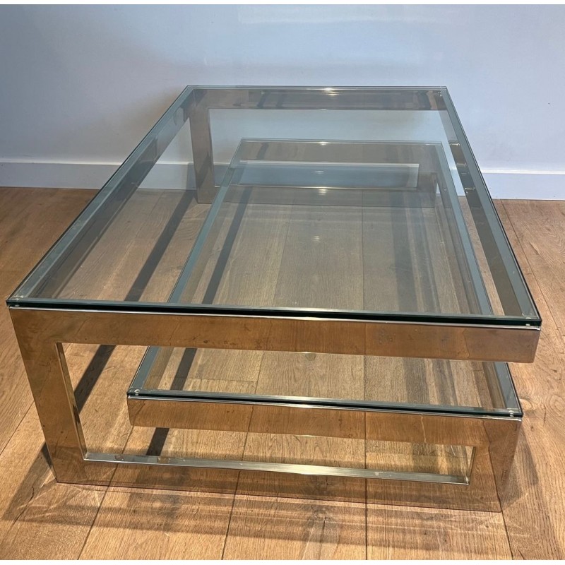 Modernist Chrome & Double Thick-Glass Coffee Table, France circa 1970