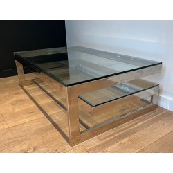 Modernist Chrome & Double Thick-Glass Coffee Table, France circa 1970