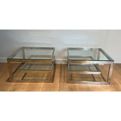 Pair of Modernist Chrome Flat-Bar Side Tables with Thick Glass Shelves, France circa 1970