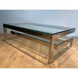 Modernist Chrome & Double Thick-Glass Coffee Table, France circa 1970