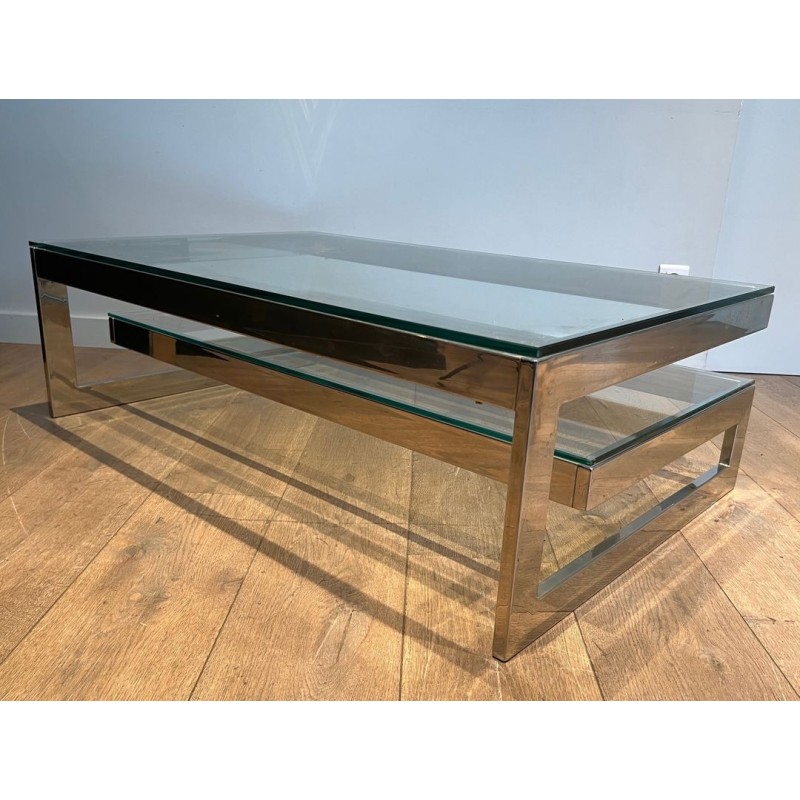 Modernist Chrome & Double Thick-Glass Coffee Table, France circa 1970